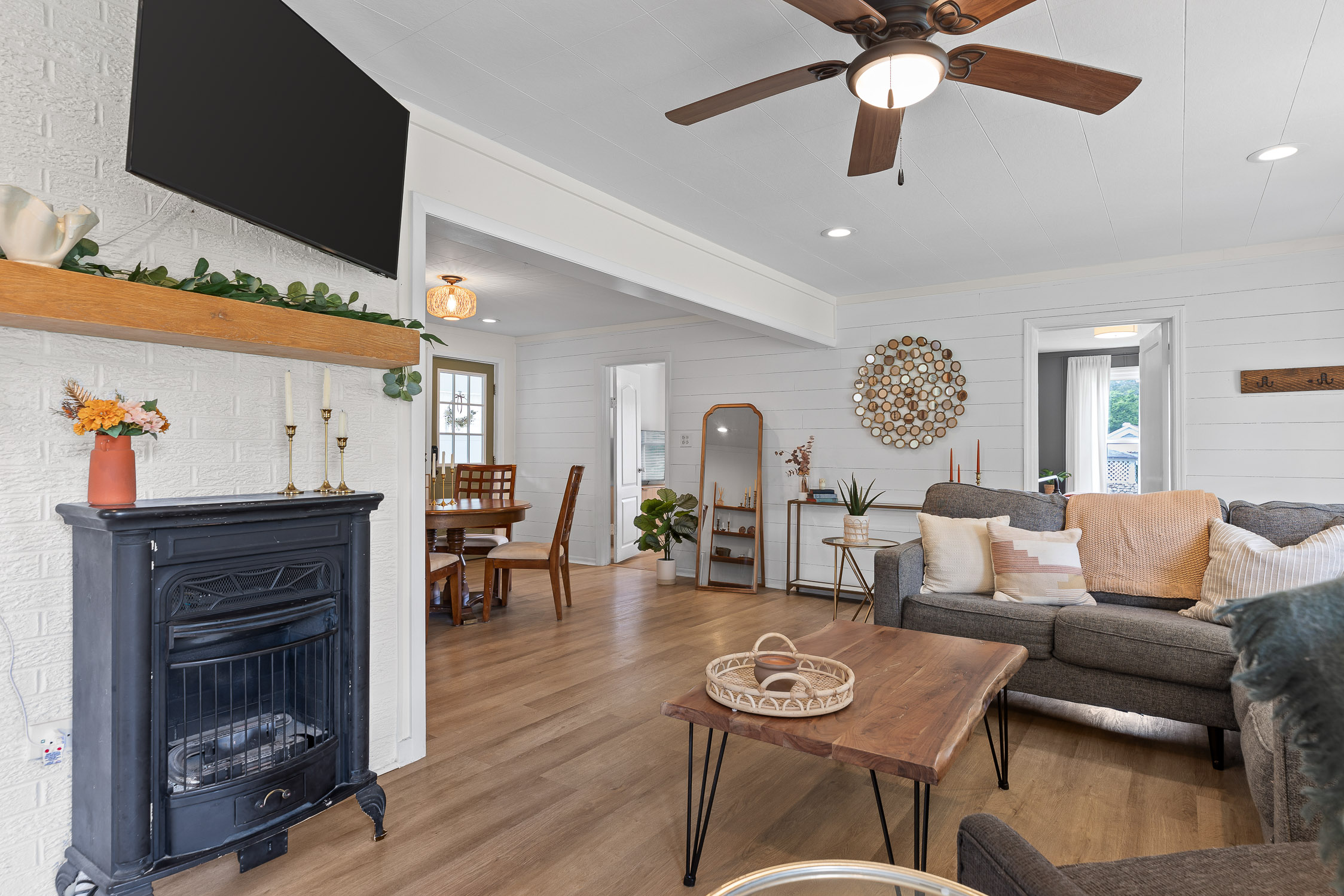 Open concept living with fireplace